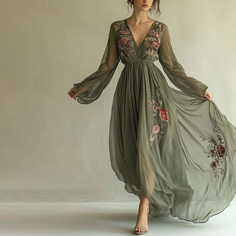 Women's Elegant V-Neck Green Floral Print A-Line Maxi Semi-Sheer Long Sleeve Spring&Summer Dress
