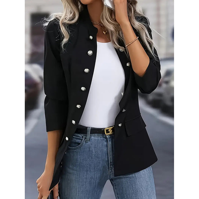 Women's Open Front Mock Neck Double Breasted Long Sleeve Blazer Business Jacket