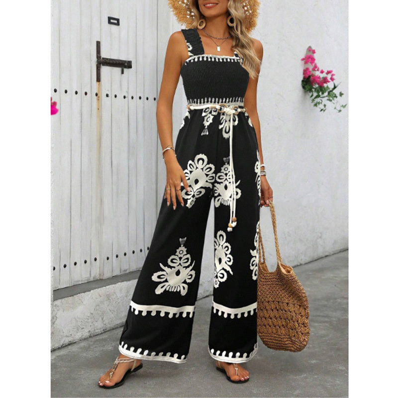 Women's Summer Boho Jumpsuits One Piece Beach Vacation Outfits Shirred Strap Wide Leg Pants Rompers With Pockets
