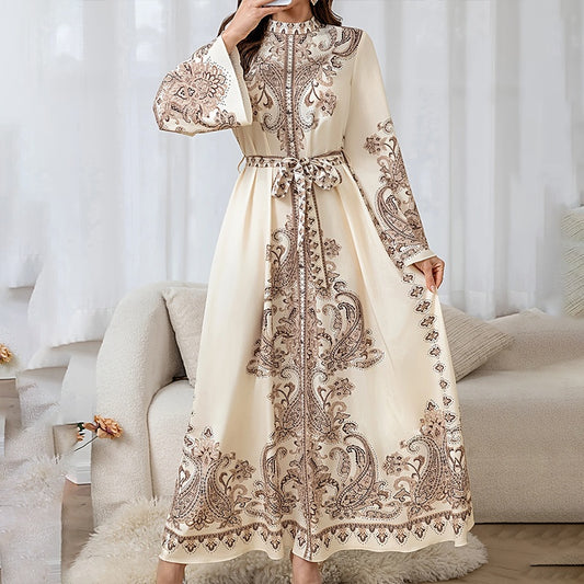 Women's Vintage High-Neck Floral Maxi Dress Loose Long Sleeve, Adjustable Waist Belt, Middle Eastern Inspired Holiday Dress Ankle-Length Gown