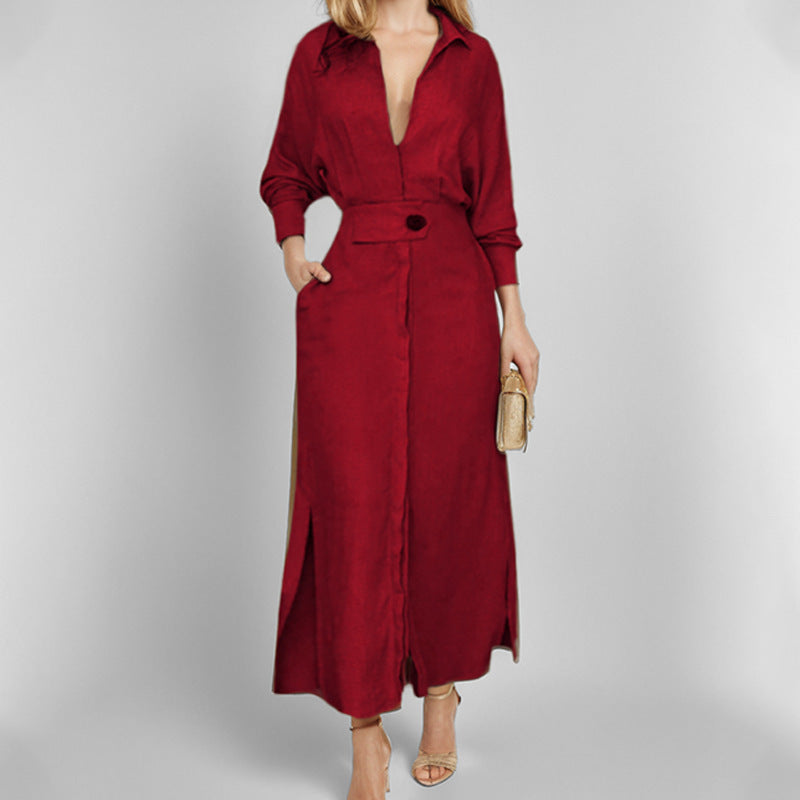 Women's Elegant Tied Solid Color Waisted Long-sleeved Shirt Dress