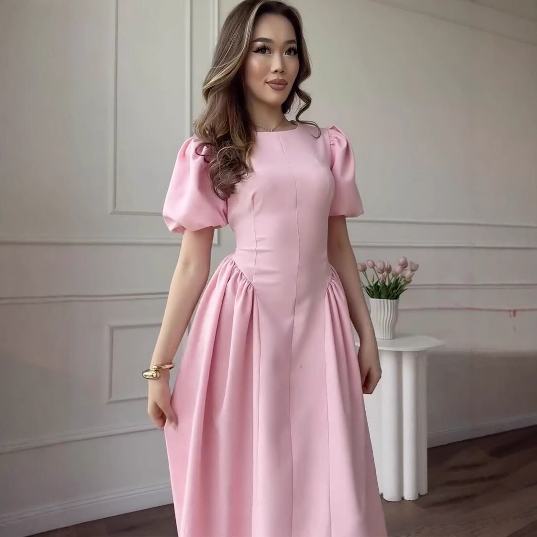 Retro Short Sleeve Puff Sleeve Dress