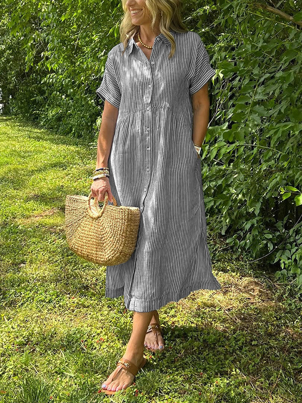 Loose Striped Short Sleeve Casual Cotton And Linen Dress