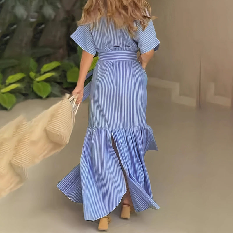 Women's Summer Casual Striped Button Down Maxi Dress Tie Waist Short Sleeve Shirt Dress With Pockets