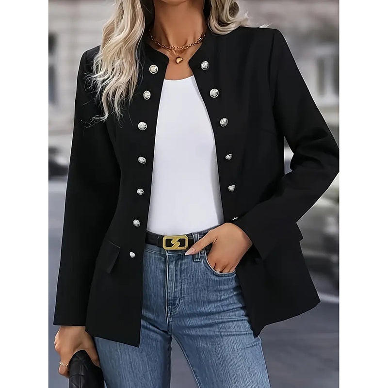 Women's Open Front Mock Neck Double Breasted Long Sleeve Blazer Business Jacket