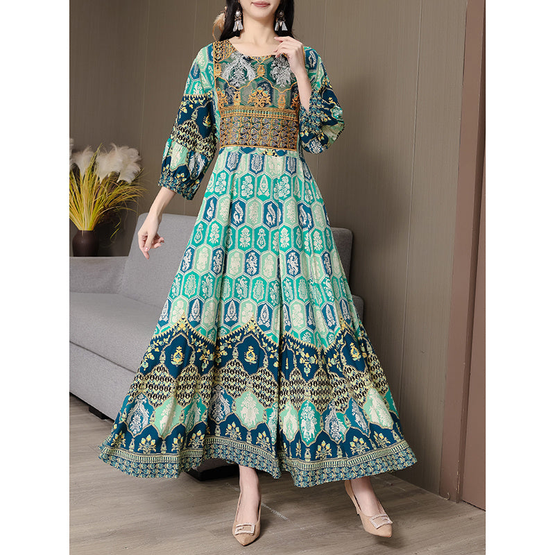 Women's Bohemian Print Maxi Dress, Ethnic Style Round Neck 3 4 Sleeve Embroidered Flowy Party Dress