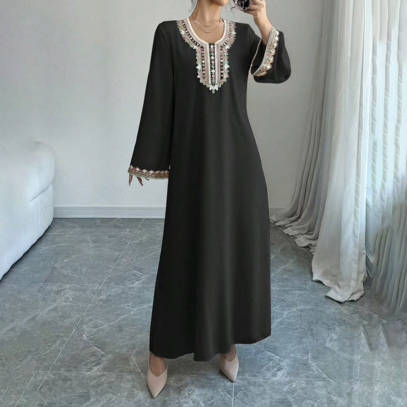 Women's Middle Eastern Embroidered Maxi Dress - Round Neck Long Sleeve Flowy Kaftan With Exquisite Embroidery, Loose Fit
