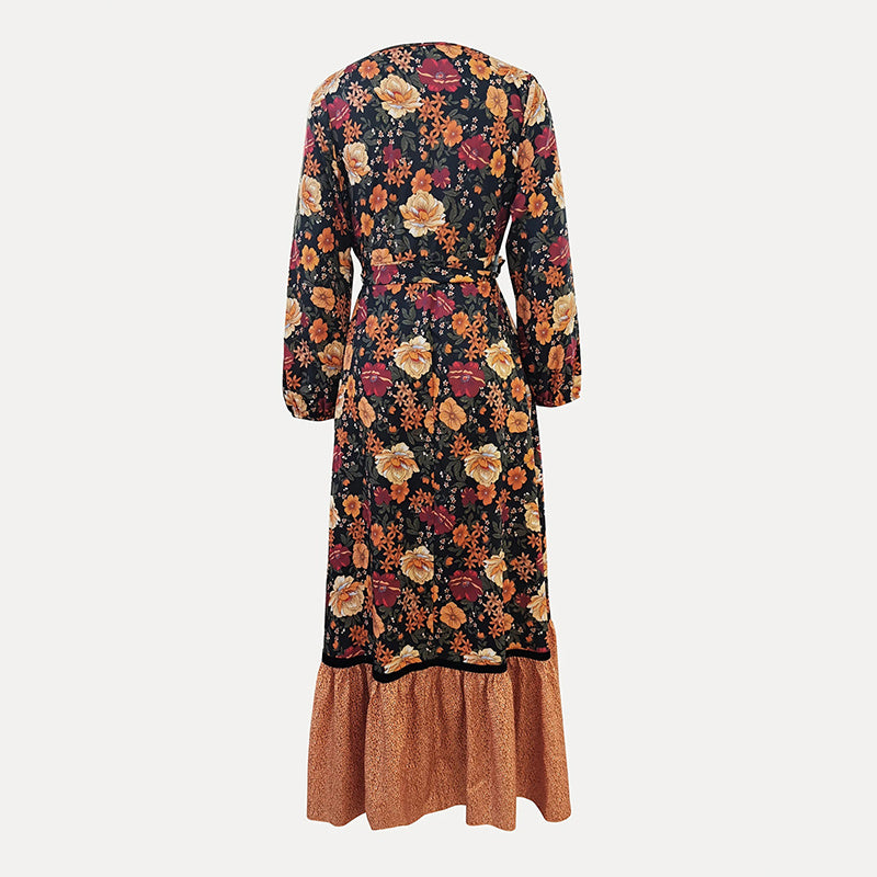 Women's Elegant V-Neck Floral Dress - Cross Front Detail & Tiered Ruffle Hem Flowing Bohemian-style Dress
