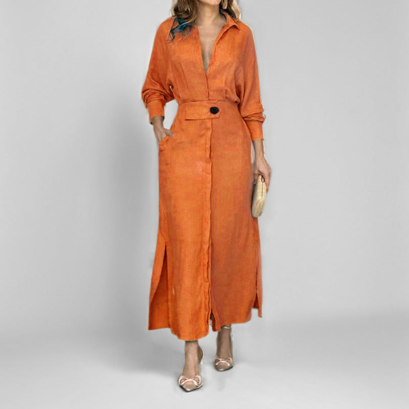 Women's Elegant Tied Solid Color Waisted Long-sleeved Shirt Dress