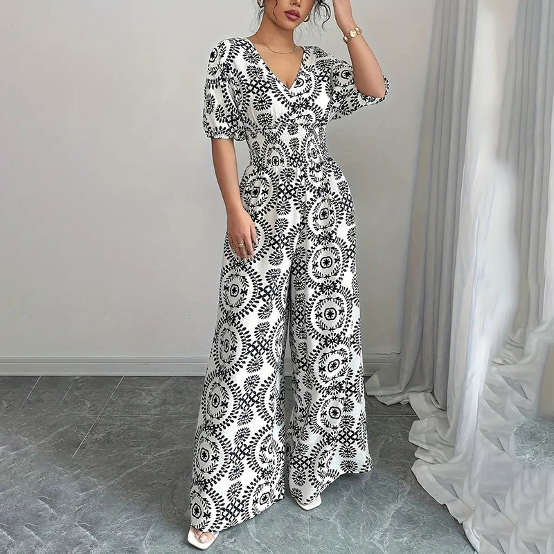 Womens Jumpsuits Short Sleeve V Neck Smocked Dressy Casual Wide Leg Pants Romper 2025 Summer One Piece Outfits