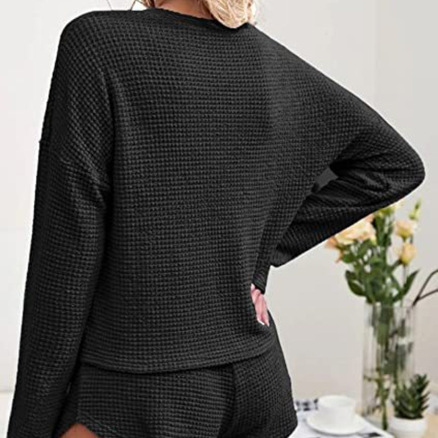 Women's Waffle Knit Pajamas Suit Long Sleeve Top And Shorts