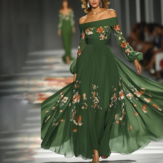 Women's Green Off-Shoulder Floral Print Dress With Puff Sleeves - Flowy A-Line Maxi Evening Dress