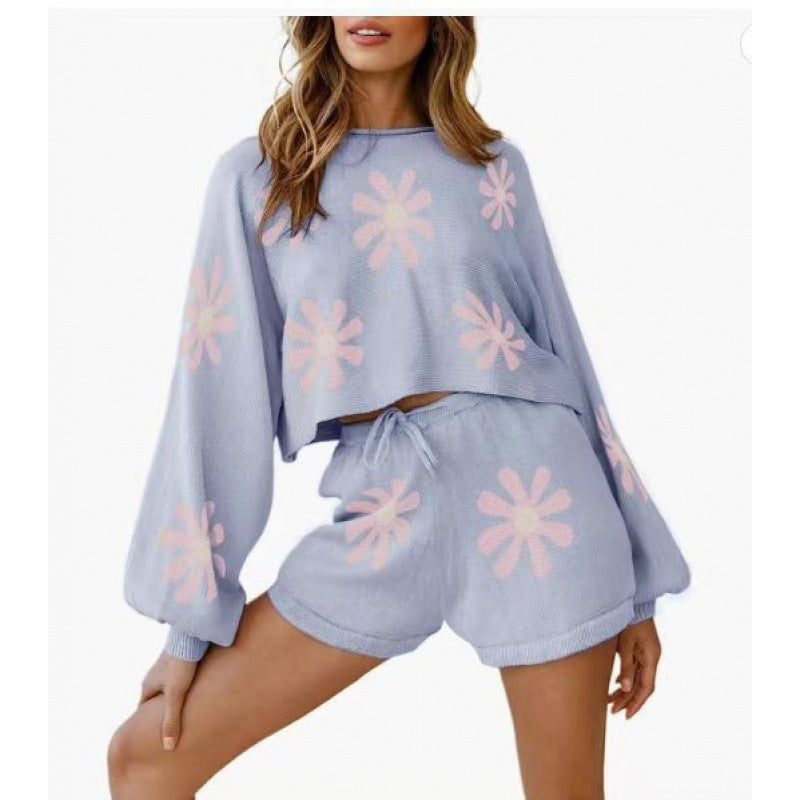 Women's Waffle Knit Pajamas Suit Long Sleeve Top And Shorts