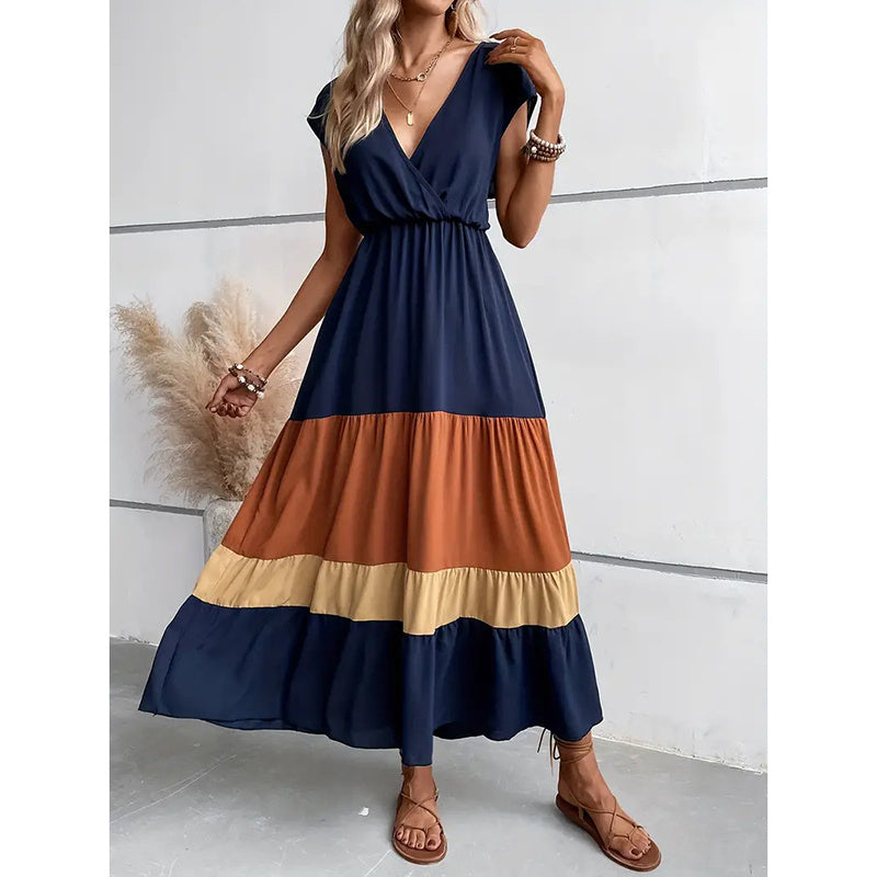 Women's Color Block Maxi Dresses V Neck Sleeveless Tiered Casual Dresses Loose Sundress