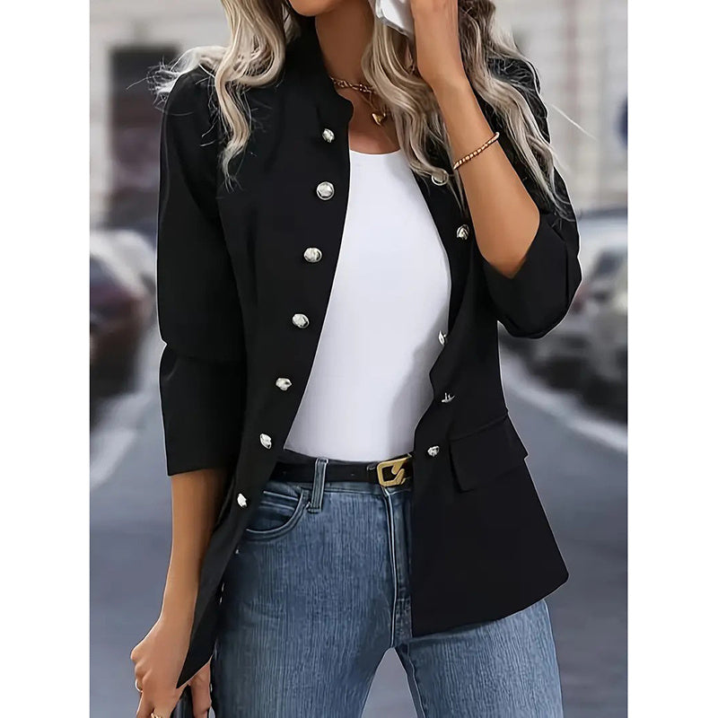 Women's Open Front Mock Neck Double Breasted Long Sleeve Blazer Business Jacket