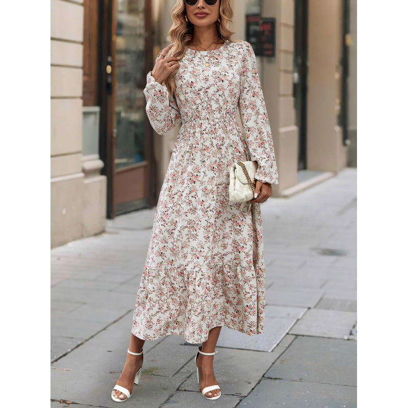 Women's New Printed Round Neck Long Sleeve Ruffled Dress