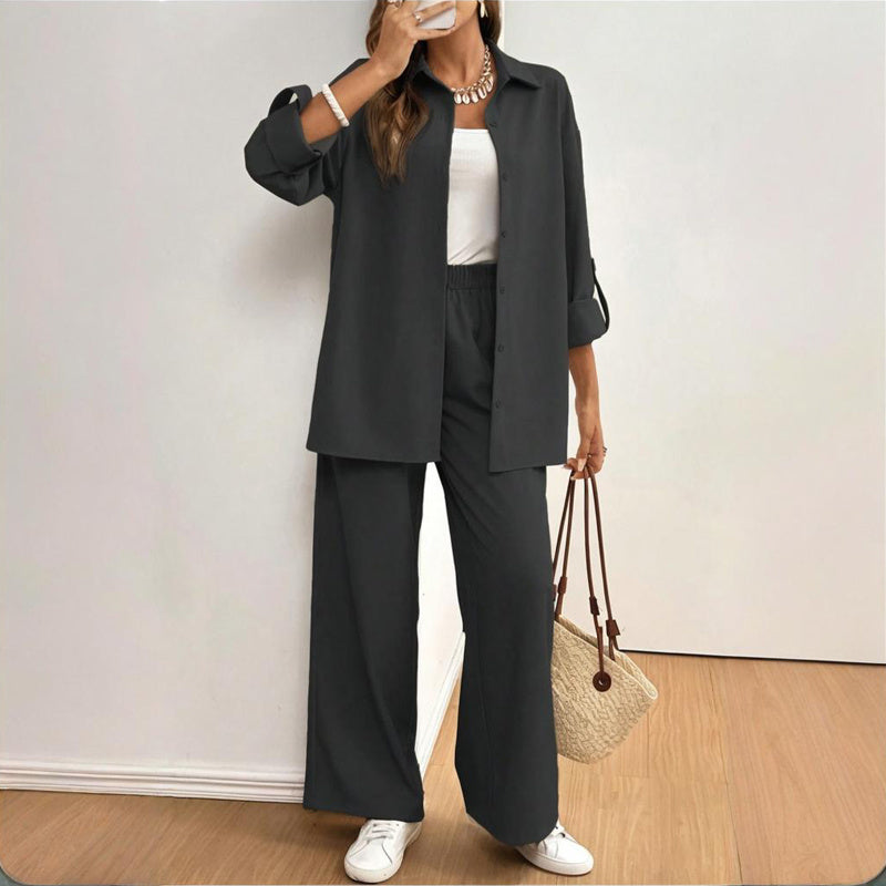 Women's Solid Color Shirt & Pants Set - Long Sleeve Button-Down Top With Elastic Waist Straight Pants Minimalist Casual Outfit