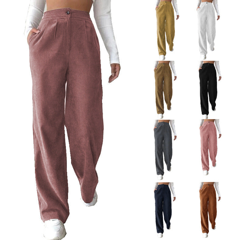 Women's High Waist Casual Pants Solid Color Corduroy Baggy Straight Trousers