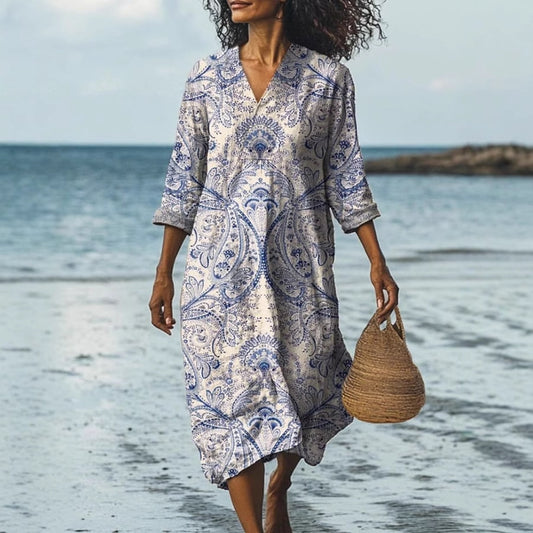 Beach Vacation Digital Printing V-neck Dress Seaside