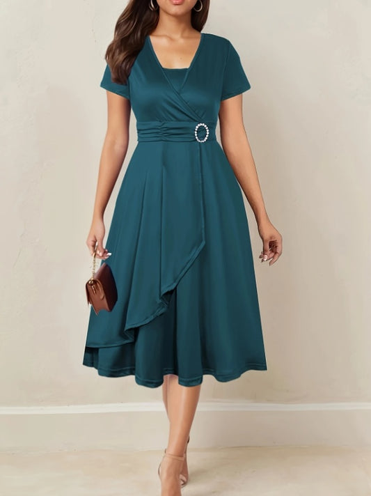 Asymmetrical Hem Short Sleeve V-neck Cross Elegant Solid Color Rhinestone Dress Navy