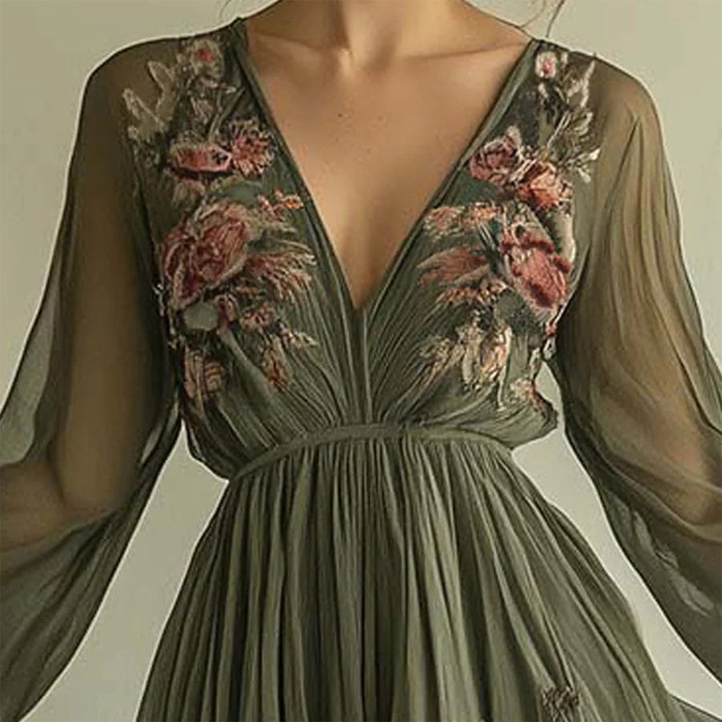 Women's Elegant V-Neck Green Floral Print A-Line Maxi Semi-Sheer Long Sleeve Spring&Summer Dress