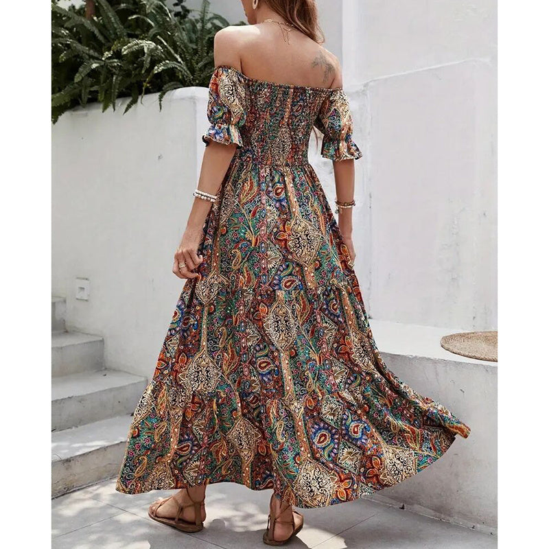 Women's Off The Shoulder Dresses Boho Flowy Smocked Maxi Sundress Beach Vacation Summer Dress