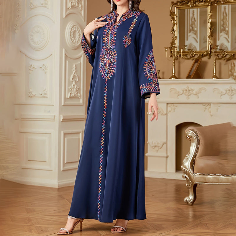 Elegant Women's Long Sleeve Floor-Length Dress - Stand Collar With Geometric Print & Sequins Detail Dress For Casual&Party Wear