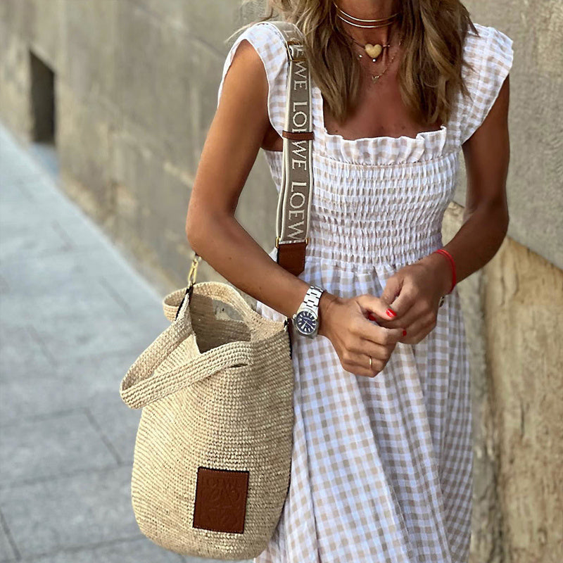 Elegant Square Neck A-Line Dress With Plaid Print, Ruffled Sleeves & Hem Versatile For Casual To Formal