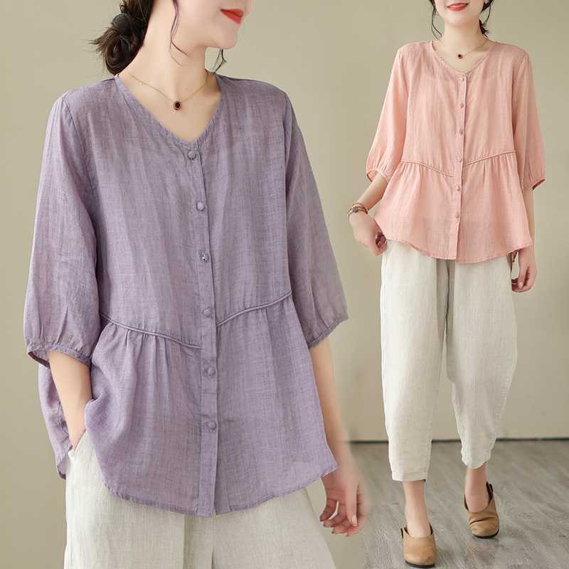 Artistic New Cotton And Linen Retro Crew Neck Top