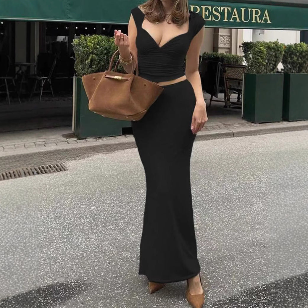 V-neck Short Sleeve Sexy Waist Hollow-out Top Sheath Skirt Suit