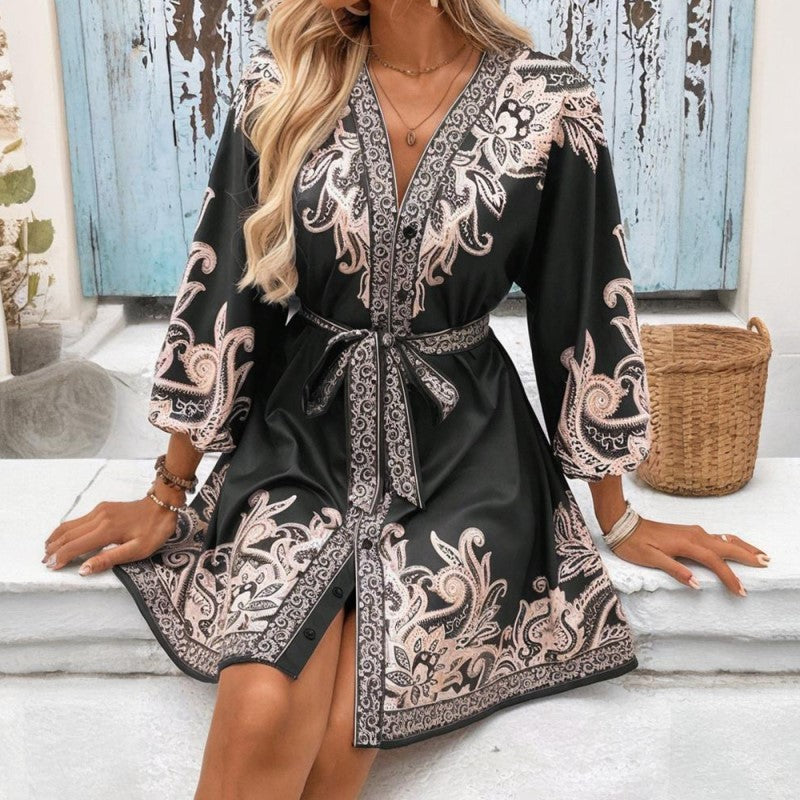 Women's Elegant V-Neck Floral Print Dress - Lantern Sleeve Wrap Waist Belted Midi Dress For Spring&Summer Vacation