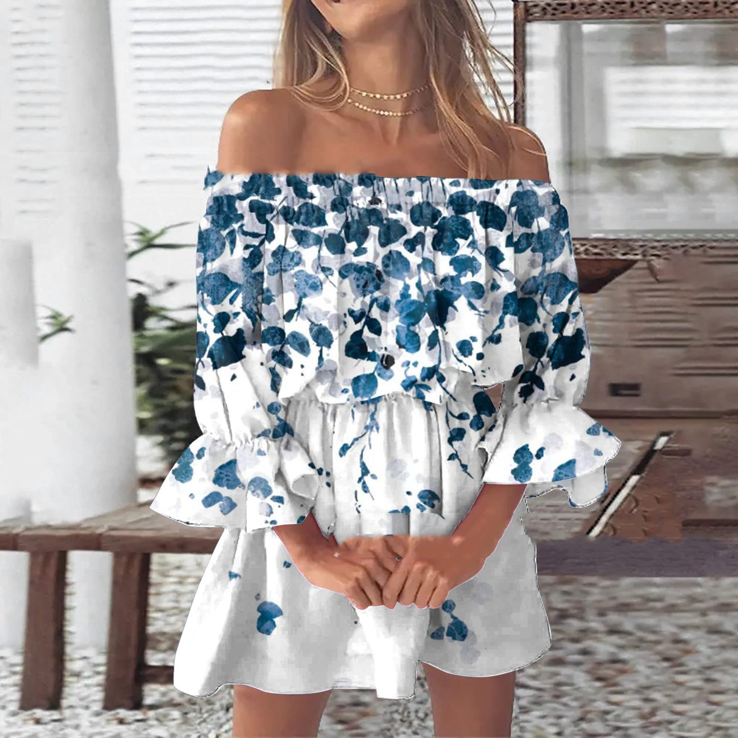 Off-shoulder Pleated Skirt Printing
